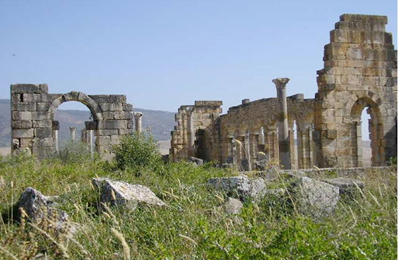 The Roman ruins of Volubilis near Moulay Idriss. A portion of the Capitoline temple can be seen at left. Photograph courtesy of author.